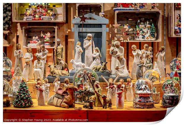 Cologne Christmas Market - Festive Scenes with Religious Figurines and Snow Globes Print by Stephen Young