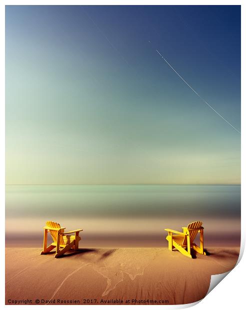 Star Trails and Chairs in the Moonlight Print by David Roossien