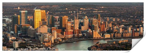 Aerial Panorama London view at sunset Canary Wharf  Print by Spotmatik 
