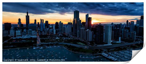 Panoramic Aerial Chicago sunset view of harbor shoreline marina Print by Spotmatik 