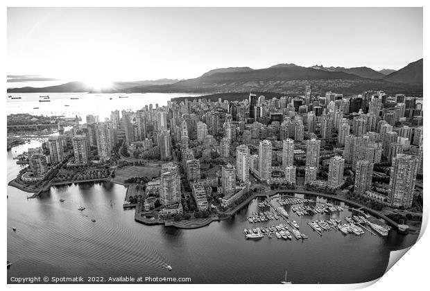 Aerial sunset over Vancouver skyscrapers False Creek Canada Print by Spotmatik 