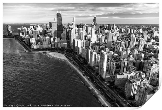 Aerial Chicago skyscrapers  Lake Michigan Print by Spotmatik 