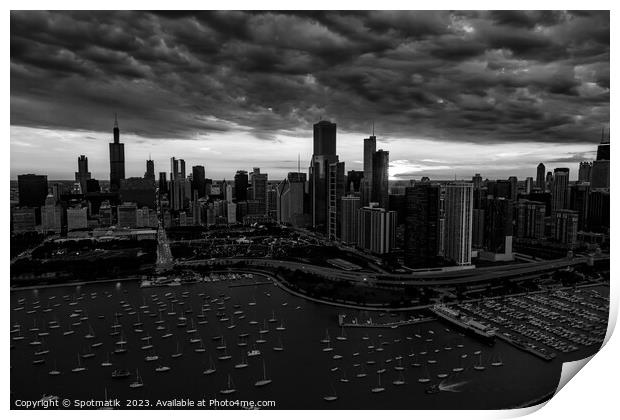 Aerial sunset storm view Chicago Waterfront  Print by Spotmatik 