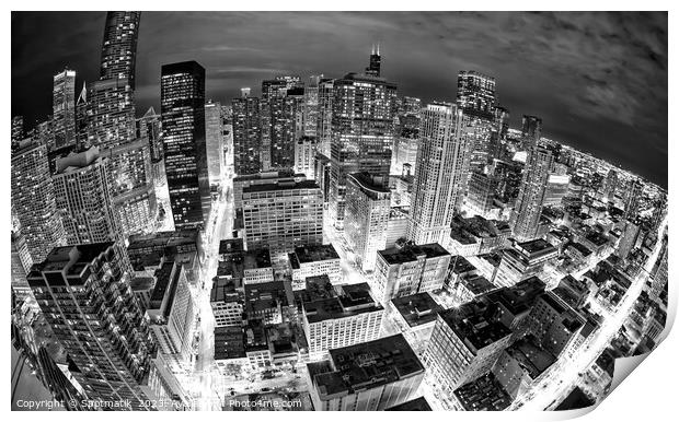 Aerial wide angle night view illuminated Chicago  Print by Spotmatik 