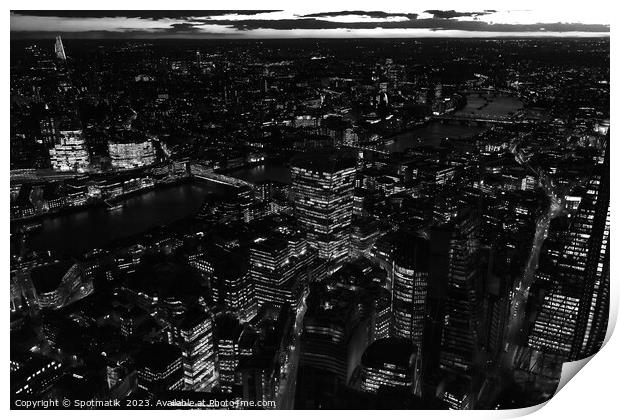 Aerial London night view river Thames Print by Spotmatik 