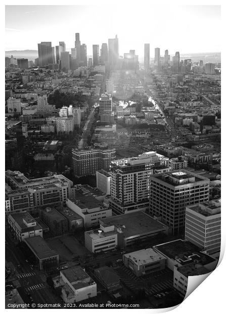 Aerial sunrise Los Angeles skyline California USA Print by Spotmatik 