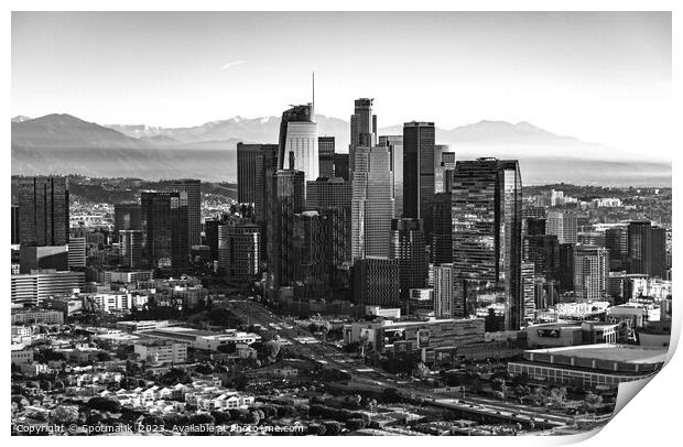 Aerial city sunrise view skyscrapers Los Angeles Print by Spotmatik 