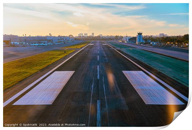 Aerial POV aircraft landing on airport runway USA Print by Spotmatik 