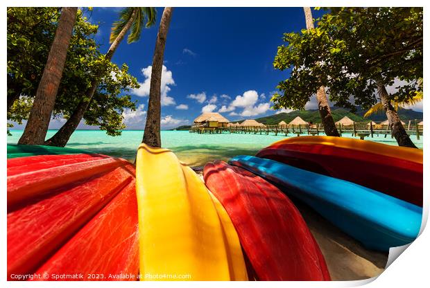 Bora Bora kayak boats Overwater Bungalows tropical lagoon  Print by Spotmatik 