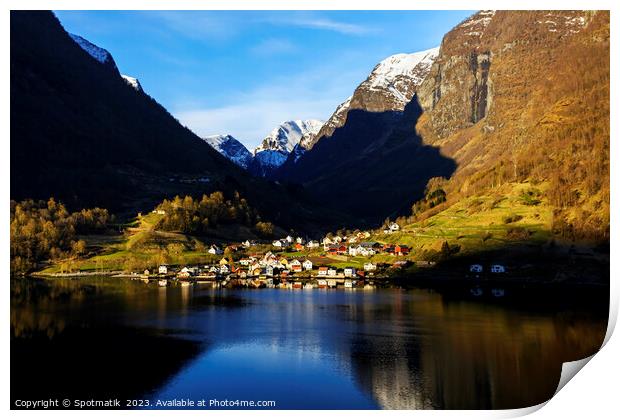 Norway valley village community on glacial fjord Scandinavia Print by Spotmatik 