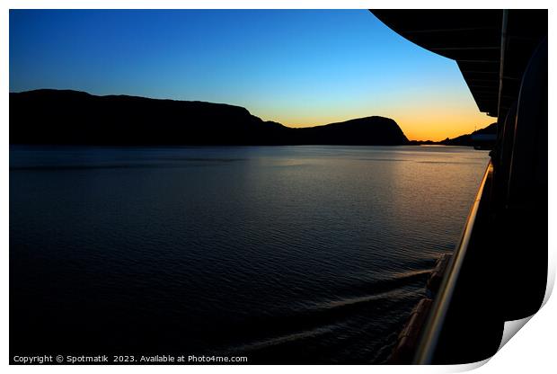 Sunset Silhouette view from Cruise ship Norwegian Fjord  Print by Spotmatik 