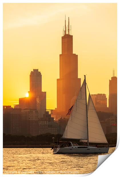 View of yacht sunset Lake Michigan skyline Illinois Print by Spotmatik 