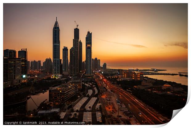 Dubai sunset Sheikh Zayed Road Media city skyscrapers  Print by Spotmatik 