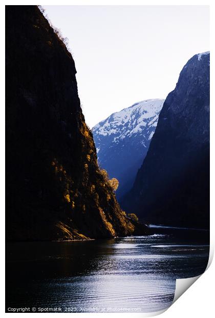 View Norwegian scenic fjord steep cliffs majestic mountains Print by Spotmatik 