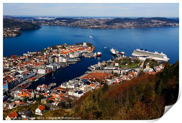 View of Bergen harbor cruise ship terminal Norway  Print by Spotmatik 