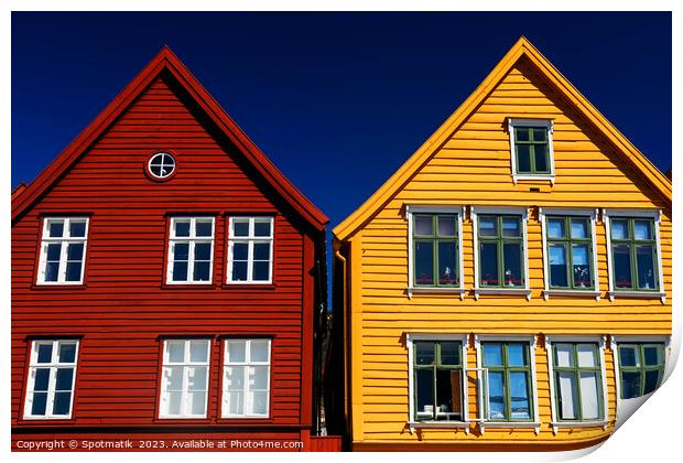 View Bergen Norway colorful wooden clad boat houses  Print by Spotmatik 