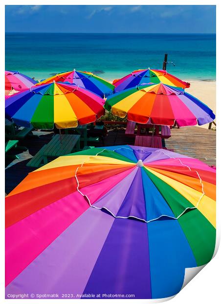 Colorful beach umbrellas in the tropical sunshine Caribbean Print by Spotmatik 