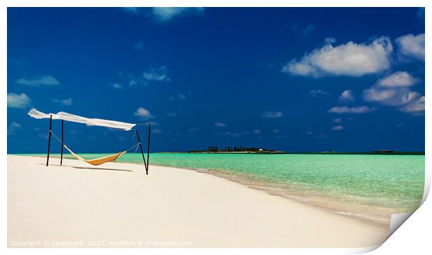 Hammock swaying in the breeze over white sands  Print by Spotmatik 