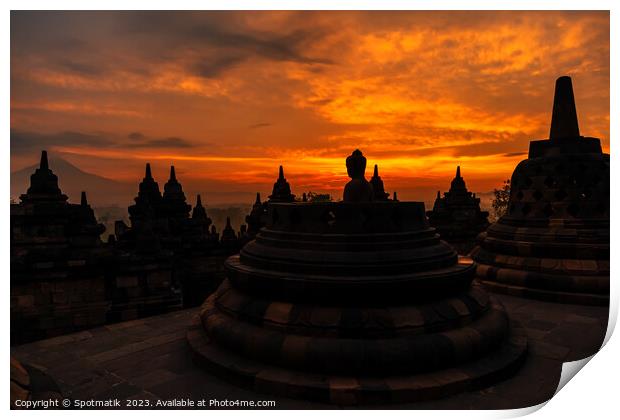 View at sunrise of Borobudur religious temple Java  Print by Spotmatik 