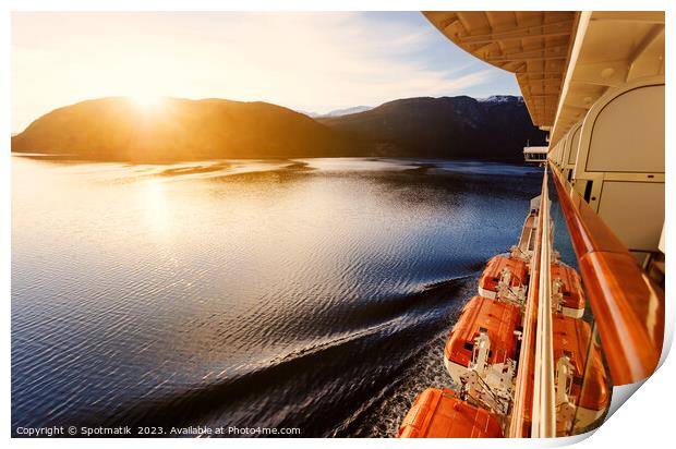 Sunset view Fjord from balcony cabin Cruise ship  Print by Spotmatik 