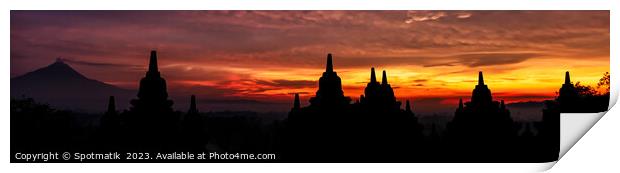 Panorama sunrise Borobudur religious temple at sunrise Indonesia Print by Spotmatik 
