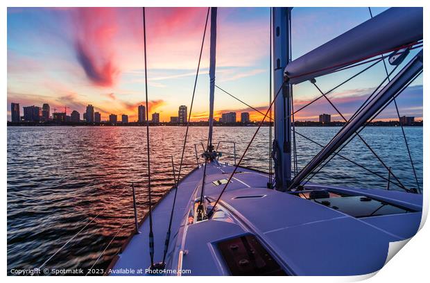 Cityscape view from luxury yacht with beautiful sunrise Print by Spotmatik 