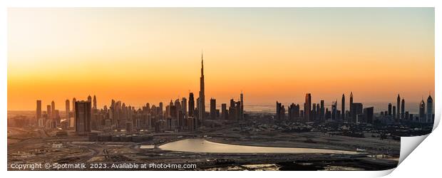 Aerial Panorama sunset Dubai city modern skyscrapers UAE Print by Spotmatik 