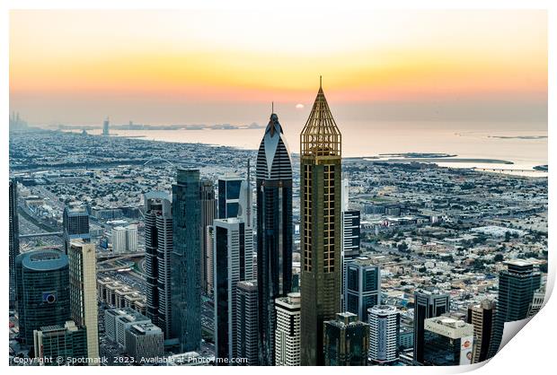 Aerial Dubai sunset Persian Gulf coastline skyscrapers UAE Print by Spotmatik 