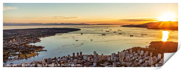 Aerial sunset Panorama view over Vancouver Burrard Inlet  Print by Spotmatik 