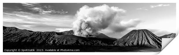 Panoramic view Mt Bromo active volcanic eruption exploding  Print by Spotmatik 