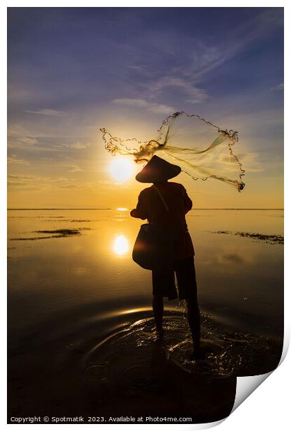Balinese fisherman casting net Flores sea sunrise Print by Spotmatik 