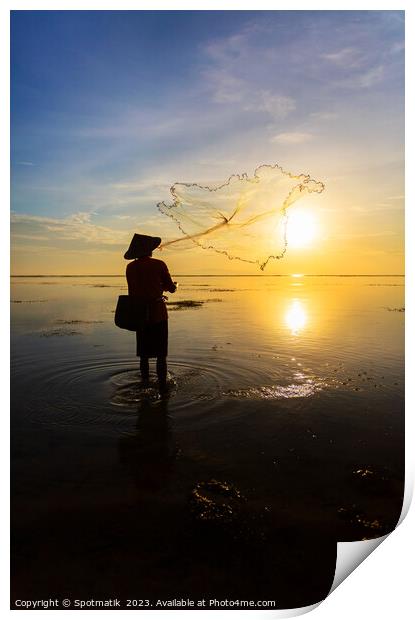 Balinese fisherman casting net Flores sea at sunrise Print by Spotmatik 
