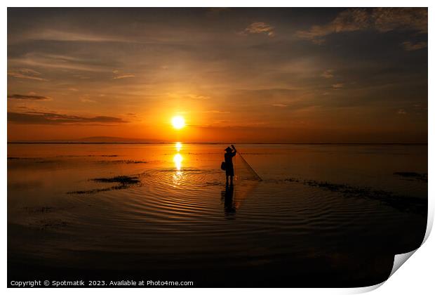Silhouette Balinese sunrise fisherman casting net Flores sea Print by Spotmatik 