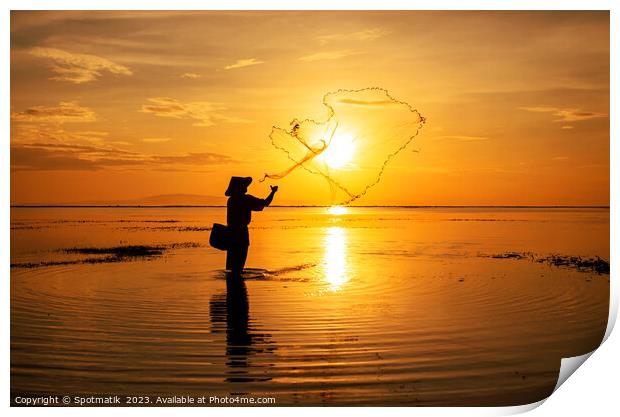 Sunrise Silhouette local Balinese fisherman casting his net  Print by Spotmatik 
