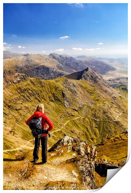 Snowdon scenic mountain scenery viewed by young female  Print by Spotmatik 