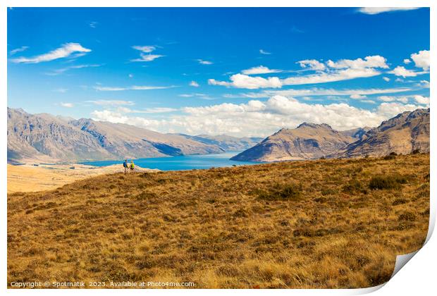 Active seniors on hiking adventure exploring New Zealand Print by Spotmatik 