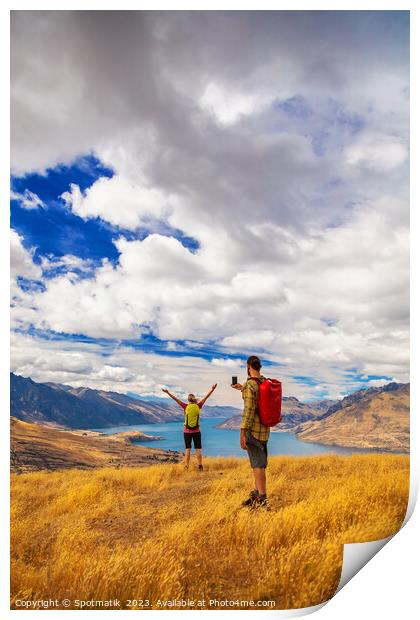 Travel Happy couple taking picture Lake Wakatipu South Island Print by Spotmatik 