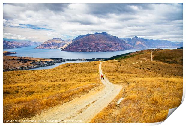 New Zealand Male female hikers trekking The Remarkables Print by Spotmatik 