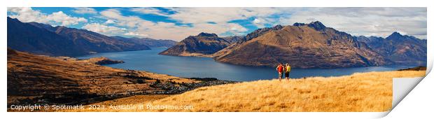 Panorama of New Zealand trekking couple viewing Lake Wakatipu Print by Spotmatik 