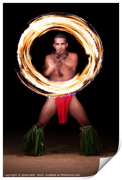 Male Fire dancer illuminated spinning flaming torch Polynesia  Print by Spotmatik 