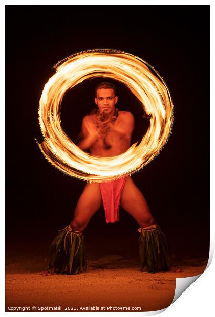French Polynesia Illuminated flaming torch male Fire dancer  Print by Spotmatik 