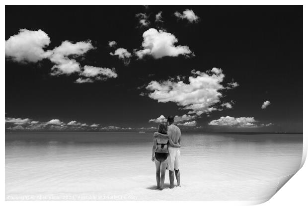 Happy travel couple together on beach holiday Caribbean Print by Spotmatik 