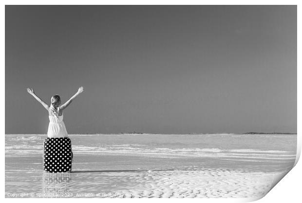 Blonde girl having beach fun sitting on suitcase Print by Spotmatik 