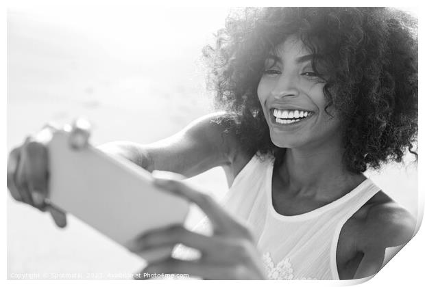 Afro American girl on beach vacation taking selfies Print by Spotmatik 