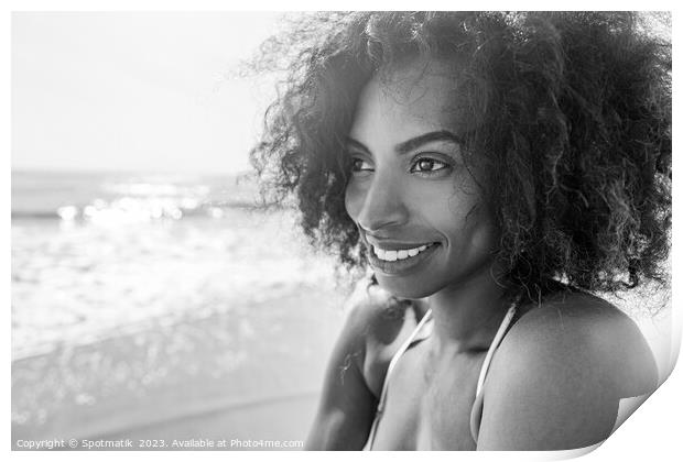 Smiling Afro American female enjoying Summer by Ocean Print by Spotmatik 