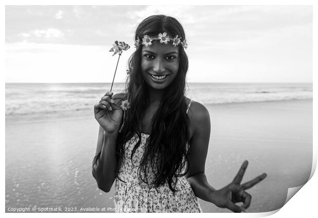 Freedom outdoors for smiling Indian girl by ocean Print by Spotmatik 