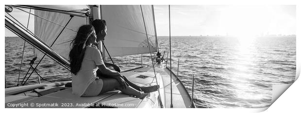 Panorama of young Hispanic couple at leisure on luxury yacht Print by Spotmatik 