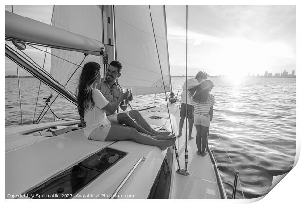 Young family having fun on yacht at sunset Print by Spotmatik 
