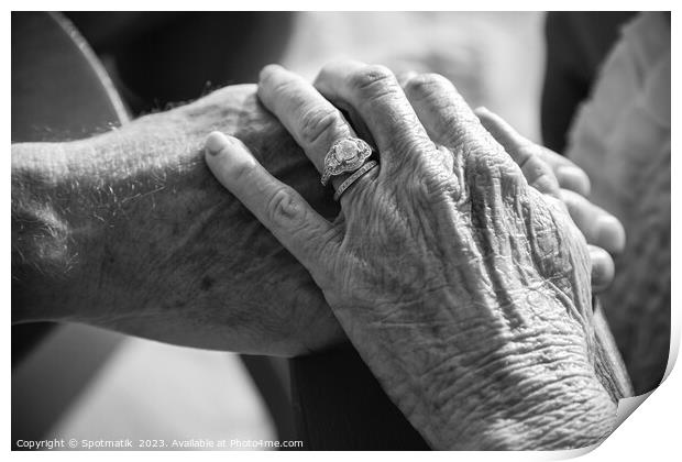 Linked hands of senior Caucasian couple on vacation Print by Spotmatik 