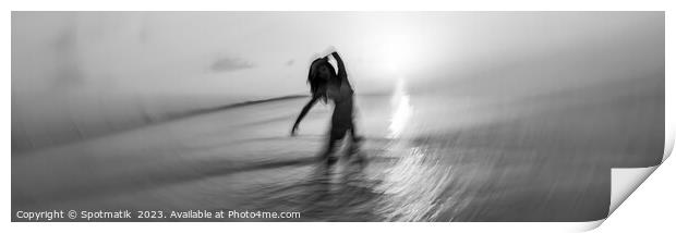 Panoramic ocean sunset with dancing female motion blur Print by Spotmatik 